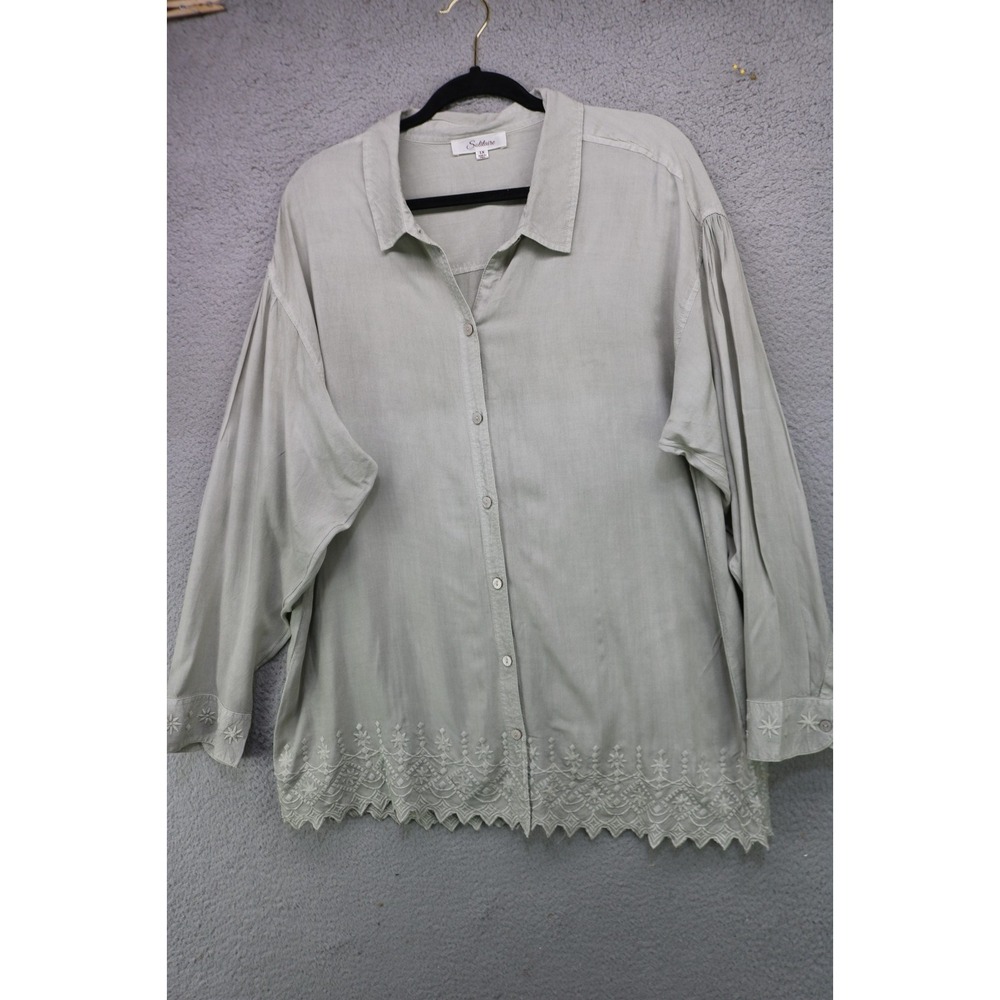 Solitaire Anthropologie Long Puff Sleeves Button-Up Embroidered Top-1X-Office